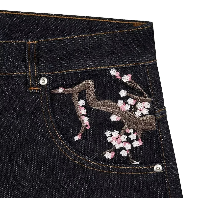 Y2K Harajuku Wide-Leg Jeans | Vintage Plum Blossom Embroidery