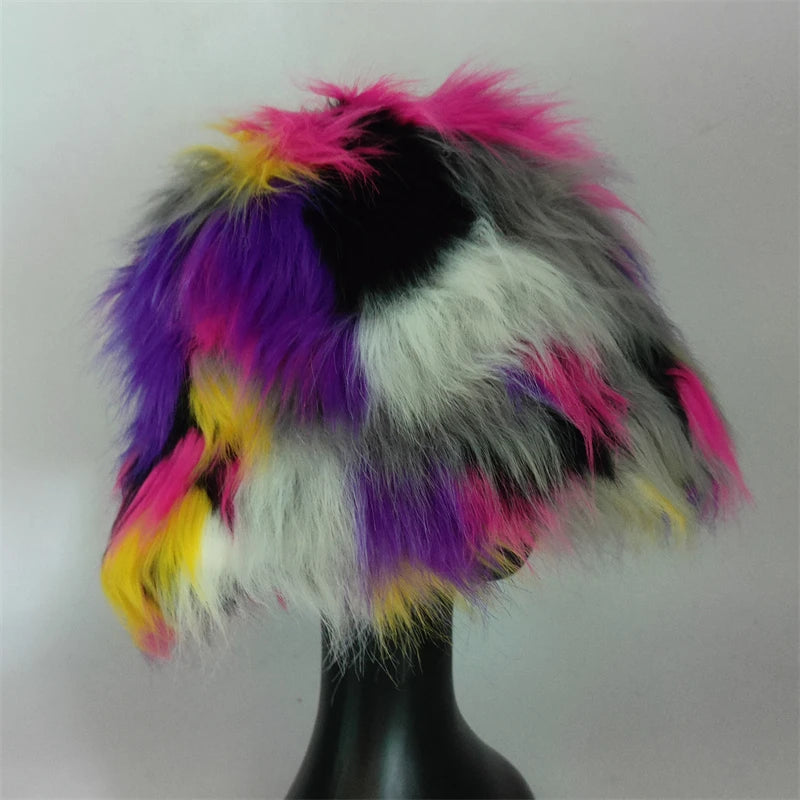 1pcs Winter Faux Fur Bucket Hat Warm Fluffy Plush colorful soft Winter hat Personality fur Fisherman Hats for women Plush hat겨