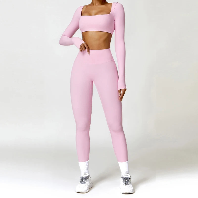 2-Piece Women's High-Waist Yoga Set – Seamless Long Sleeve Workout Suit
