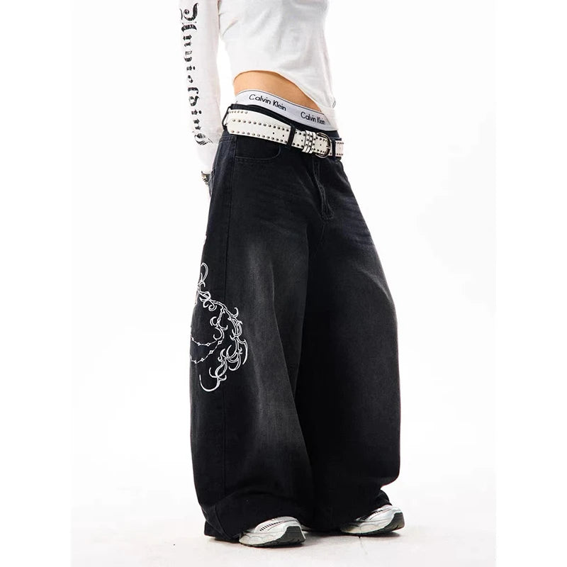 Women's Vintage Embroidery Y2K Wide Leg Baggy Jeans