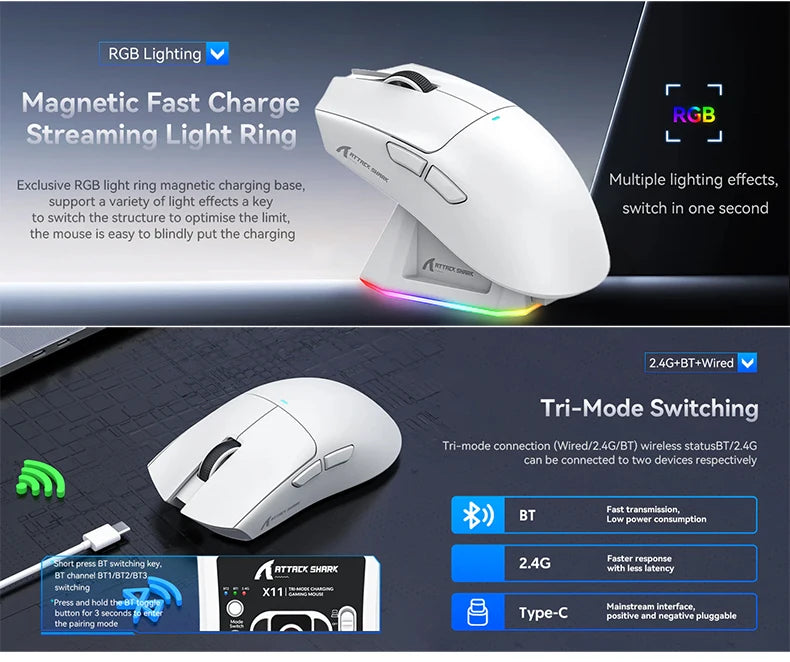 Ultra Light ATTACK SHARK X11 Tri-mode 2.4G Bluetooth Wired Programmable RGB Ergonomic Gaming Mouse For PC Laptop