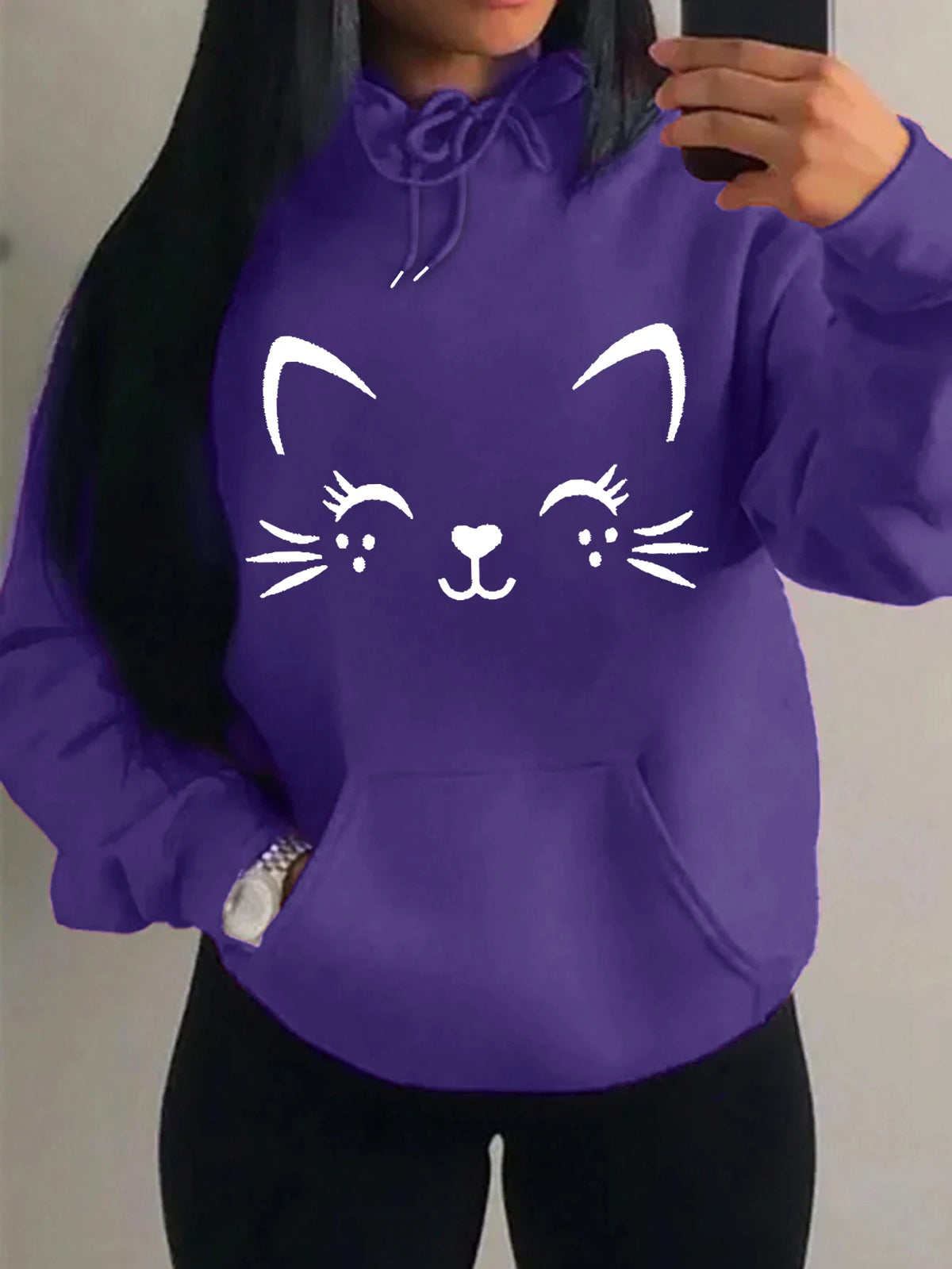 Women's Playful Cat Graphic Fleece Hoodie