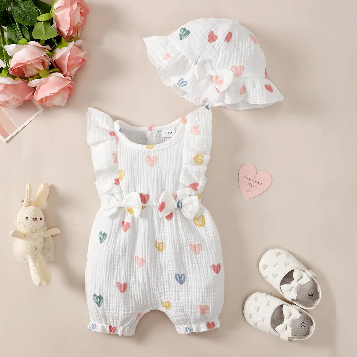 0-18 Months Baby Girl Clothes Set 2Pcs Daisy Print Romper Ruffle Bow Jumpsuit + Hat Summer Infant Newborn Casual Clothing Outfit