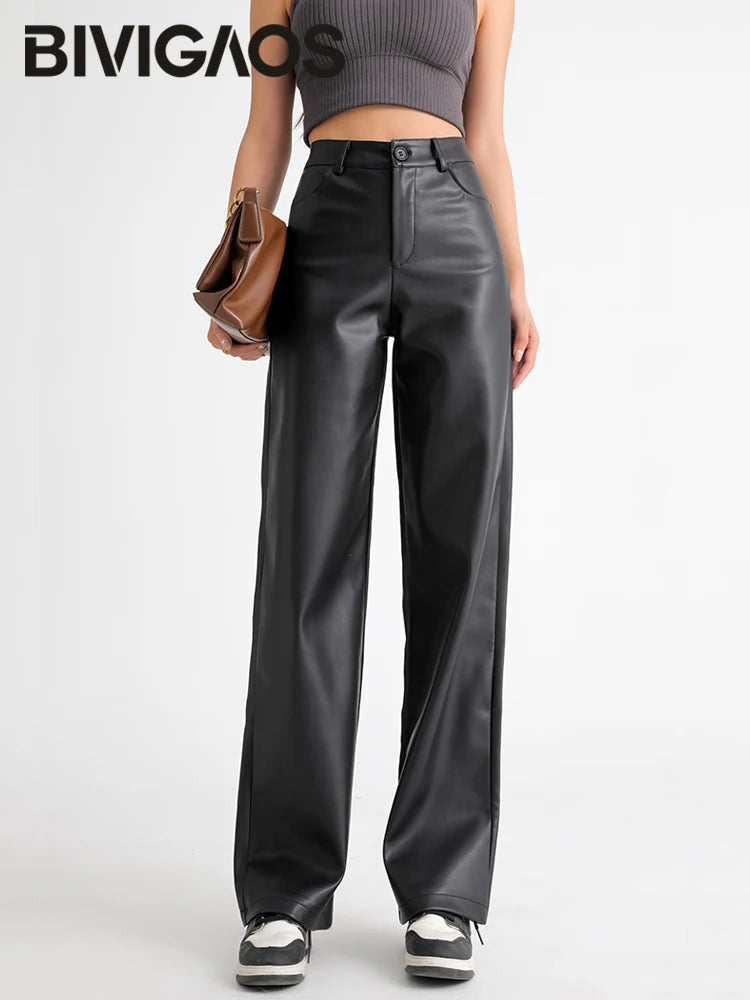 Women's High Waist Faux Leather Wide Leg Fleece Pants
