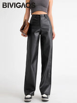 Women's High Waist Faux Leather Wide Leg Fleece Pants