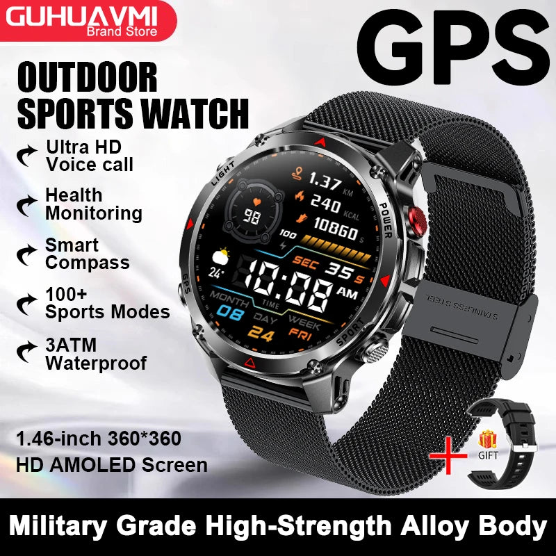 2026 New Military Bluetooth Call Smart Watch Built-in GPS Compass Barometric Altimeter 10ATM Waterproof Sports Smartwatches Men
