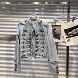 DEAT 2025 Autumn New Fashion Metal Buckle Design Shoulder Strap Denim Short Jacket For Women High Street Coat Female 11A06995