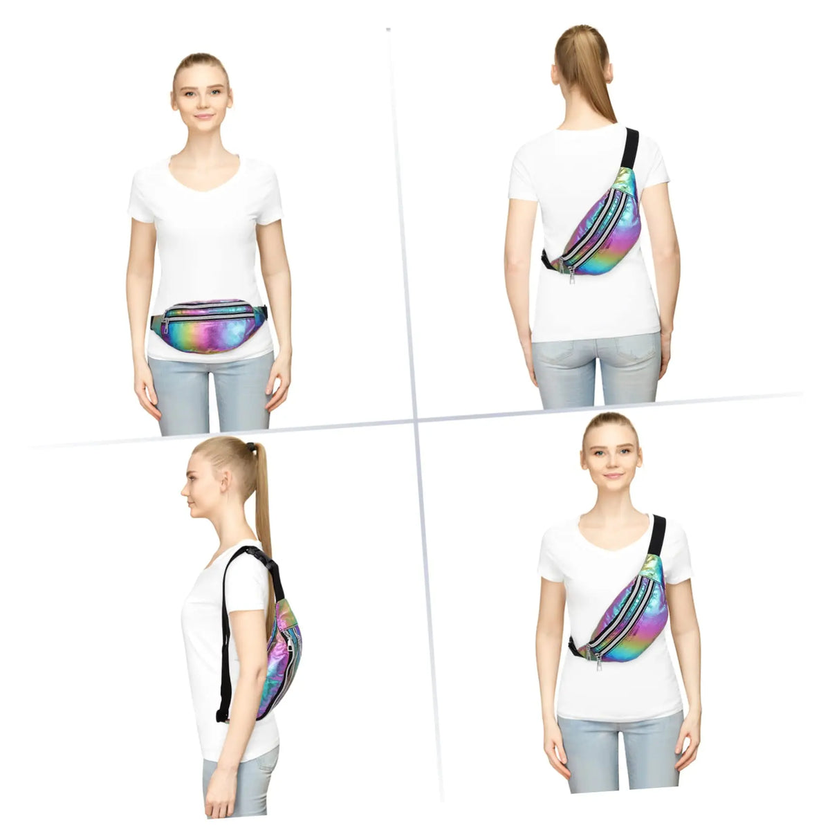 DX Holographic Fanny Pack Hologram Waist Bag Laser Beach Travel Banana Hip Bum Zip Waist Bags Women Belt Bag For Girls