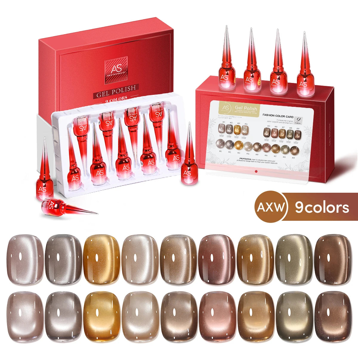 AS 9 Colors Magnetic Cat Eye Gel Nail Polish Set Jelly Pink UV LED Soak Off Gel Varnish Crystal Red Cat Gel Lacquer With Display