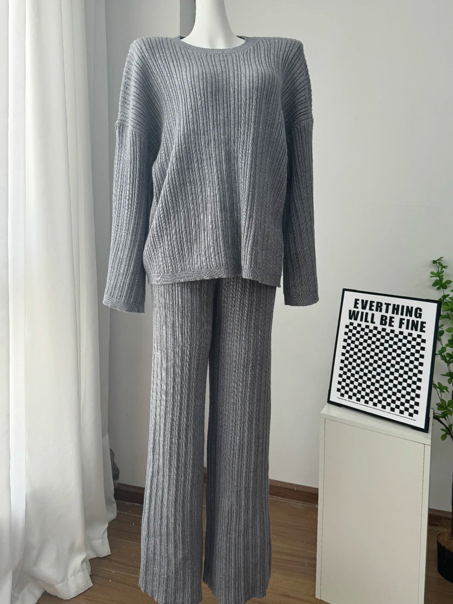 Hirsionsan Soft Elegant Vintage Women Suits 3 Pieces Female Sets O Neck Sweater & Wild Leg Pants with Scarf Knitted TrackSuit