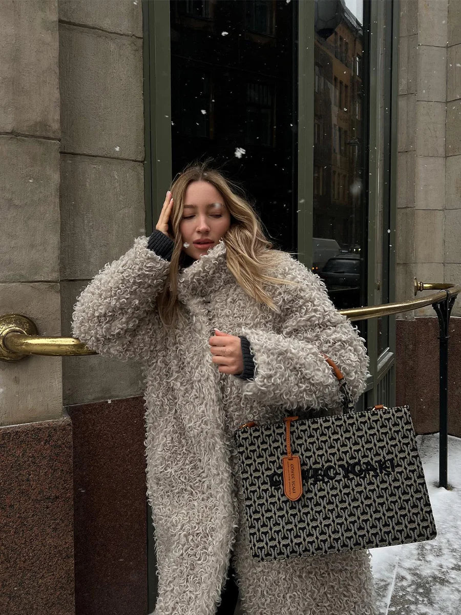 Gray Wool-Blend Faux Fur Maxi Coat