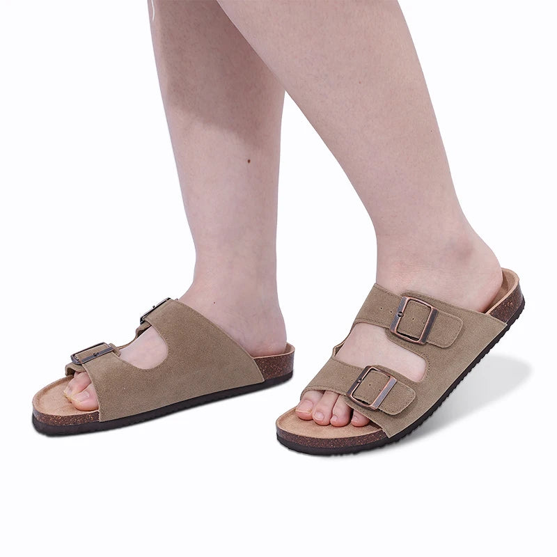Evshine Leather Cork Footed Clogs Sandals For Women Fashion Flat Mules Slippers with Arch Support Men Double Buckle Cork Slides
