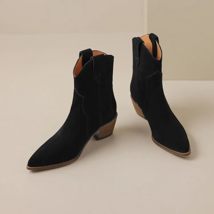 2026 Autumn Cow Suede Women Boots Pointed Toe Chunky Heel Boots for Women Fashion Short Boots Winter Boots Women Western Boots