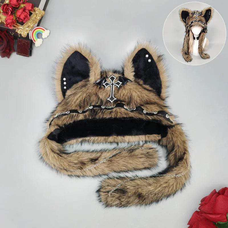 Gothic Plush Cat Ear Beanie – Y2K Punk Warm Cap