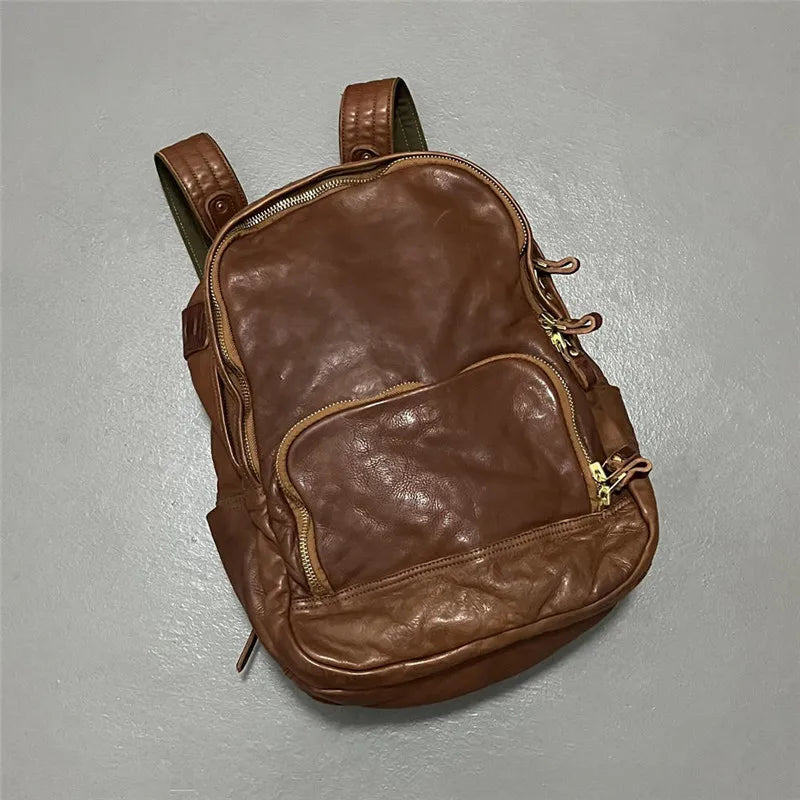 Vintage luxury genuine leather large capacity men's backpacks outdoor daily travel handmade soft real cowhide laptop schoolbags