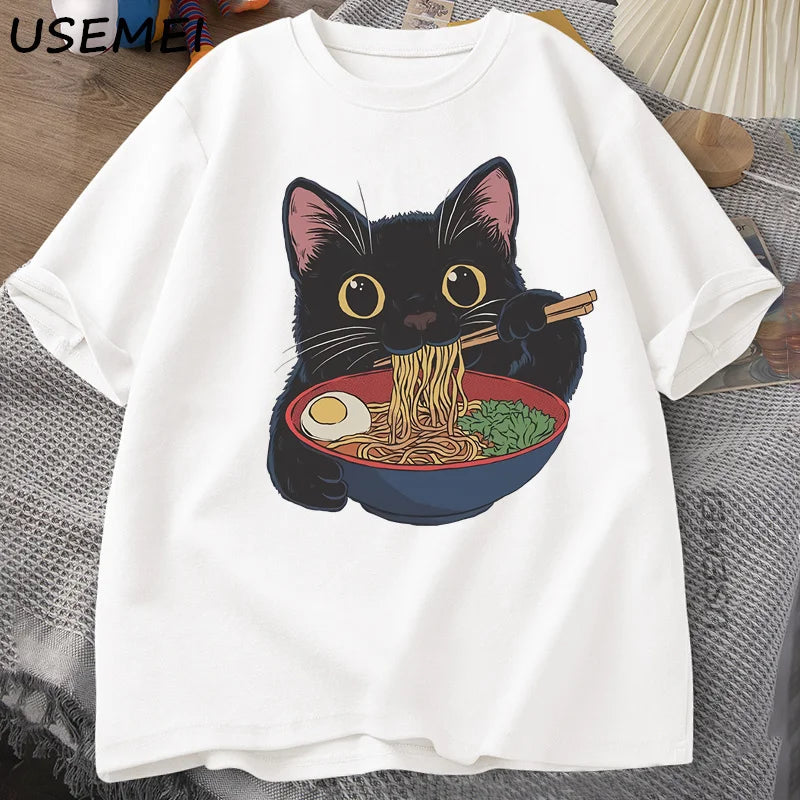 Ramen Cat Tshirt Japanese Style Cat Lover T-Shirt Kawaii Cartoon Cotton Short Sleeve T Shirts Mens Clothes Tee Shirt Tops
