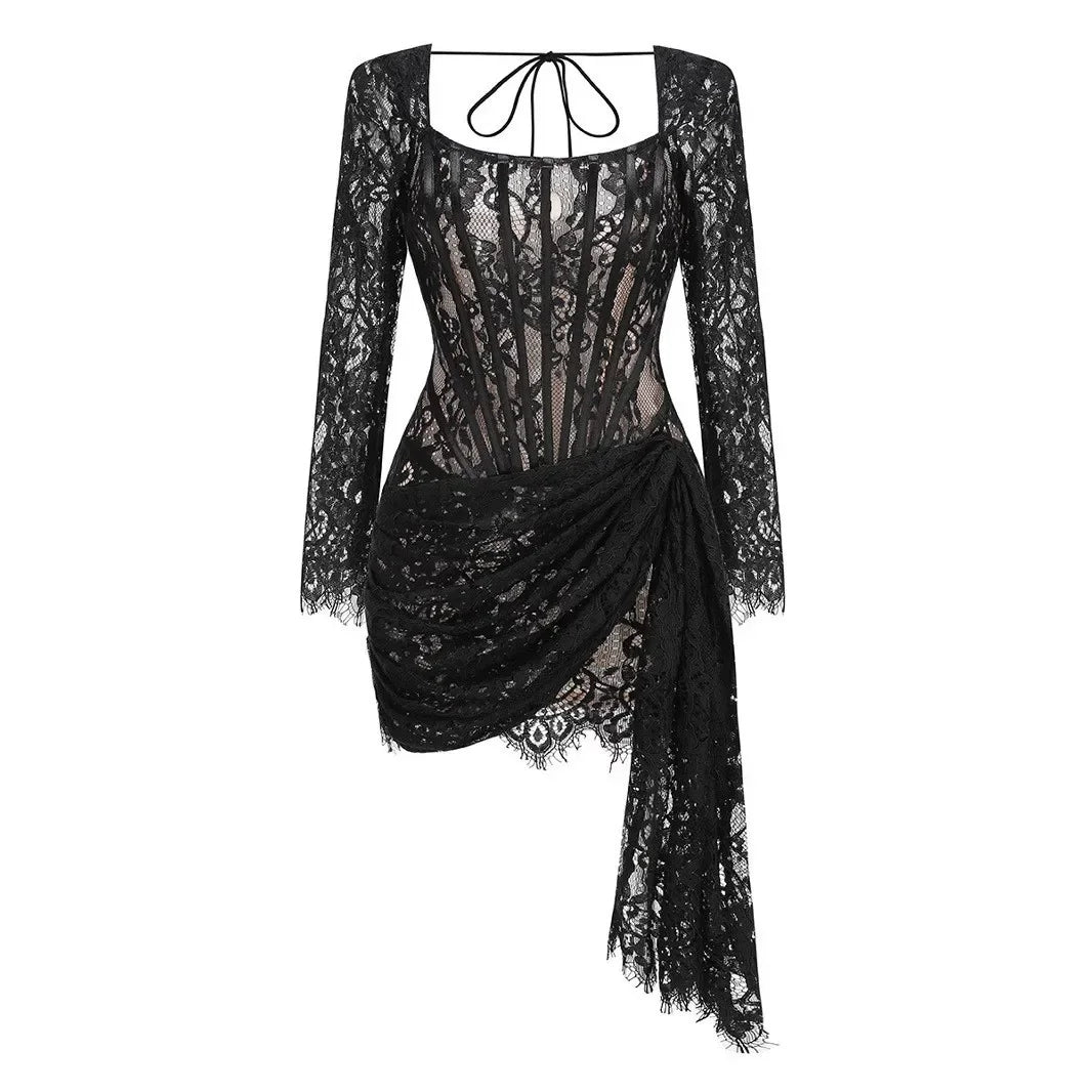 Strapless Lace Mini Dress – Elegant Sheer Patchwork Slim Fit Evening Dress
