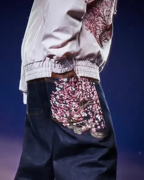 Cherry Blossom Embroidered Wide Leg Jeans