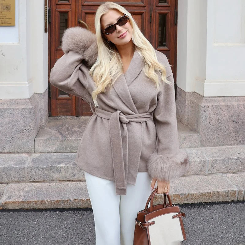 Elegant Fox Fur & Double-Sided Wool Coat