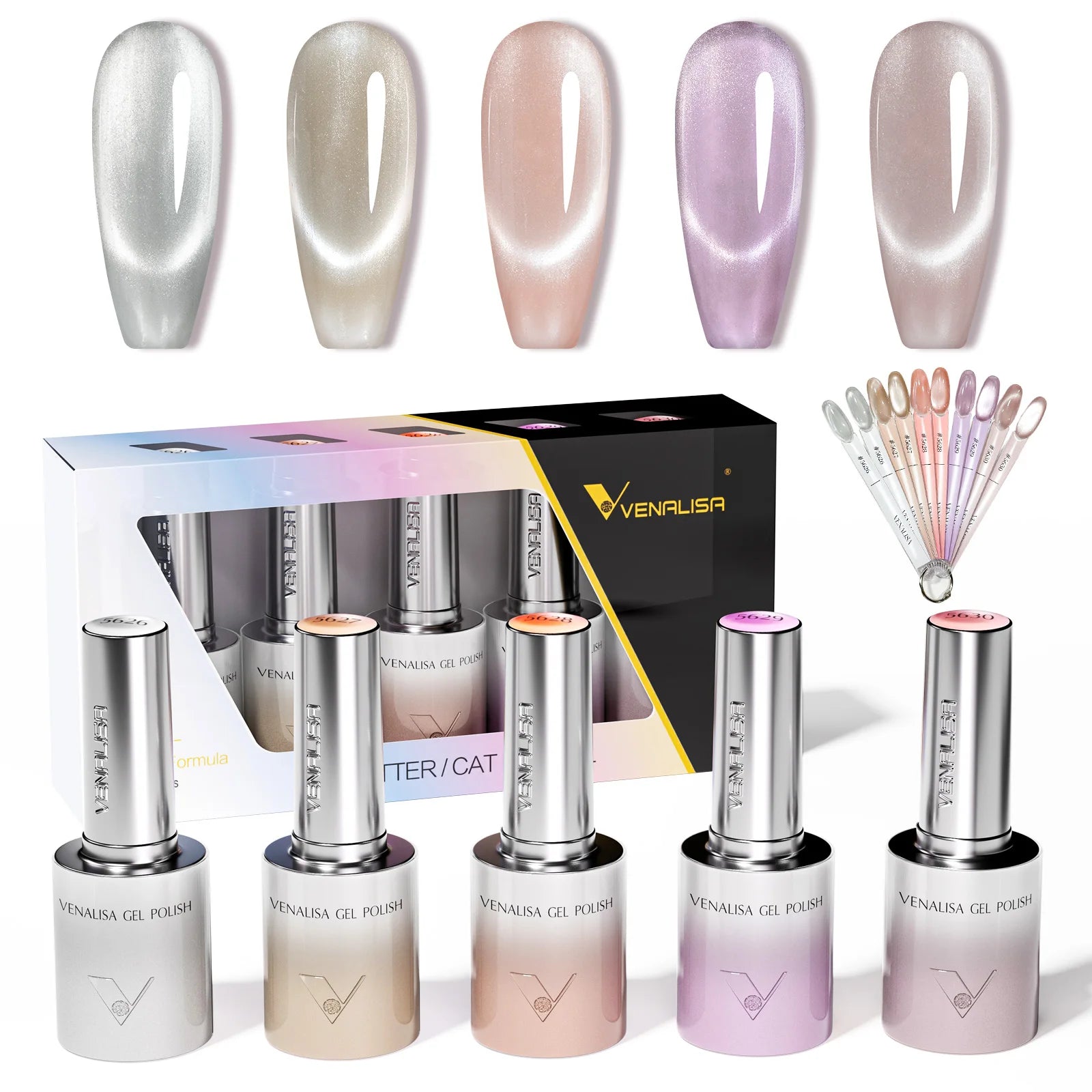 5pcs Venalisa Hema/TPO Free Cat Eye Nail Gel Polish Color Palette Kit Ultra Glitter Diamond Sparkle Soak Off UV LED Varnish Set