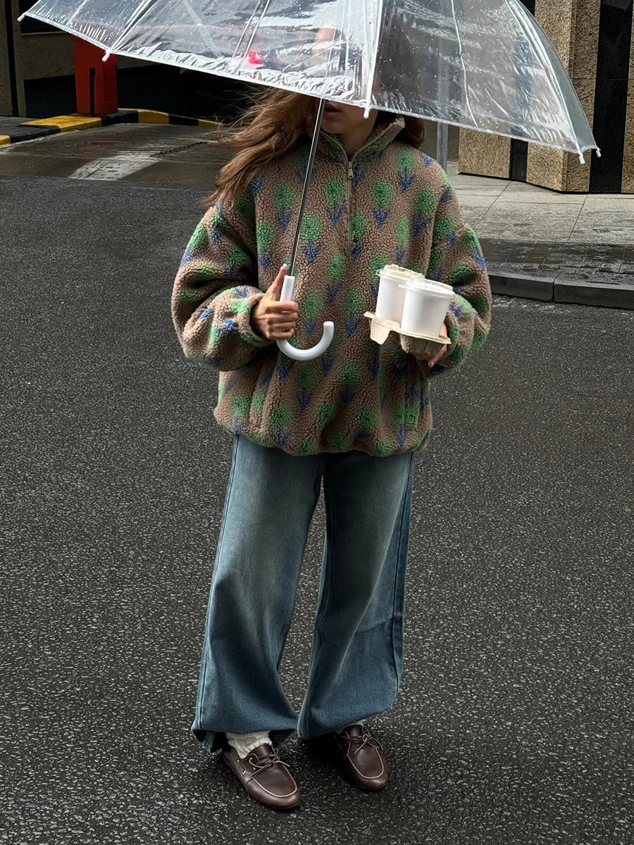 TARUXY Fleece Printing Sweatshirt Women's Half-Zip Sweatshirt Fleece Loose Turtleneck Pullover Female Winter Leisure Sweatshirt