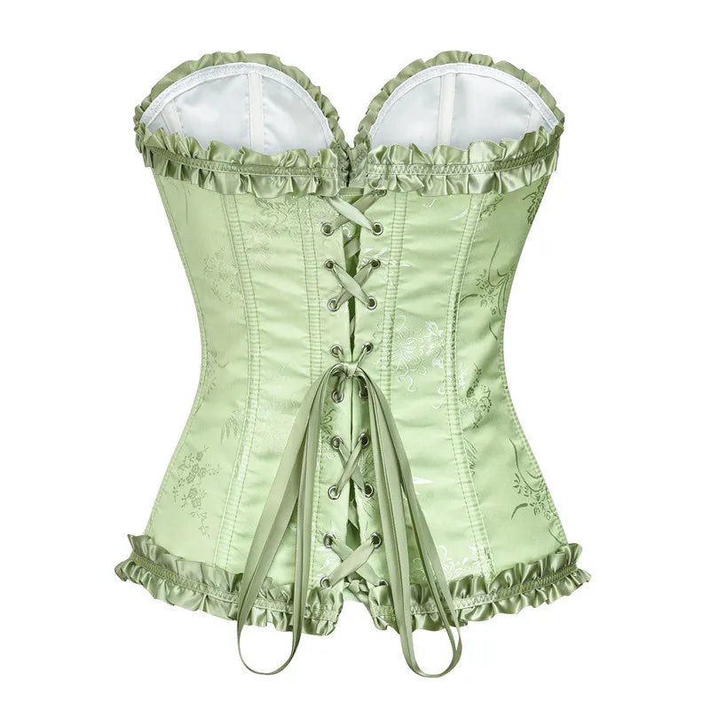 USA-Made Jacquard Ruffled Overbust Corset – Gothic Victorian Push-Up Bustier
