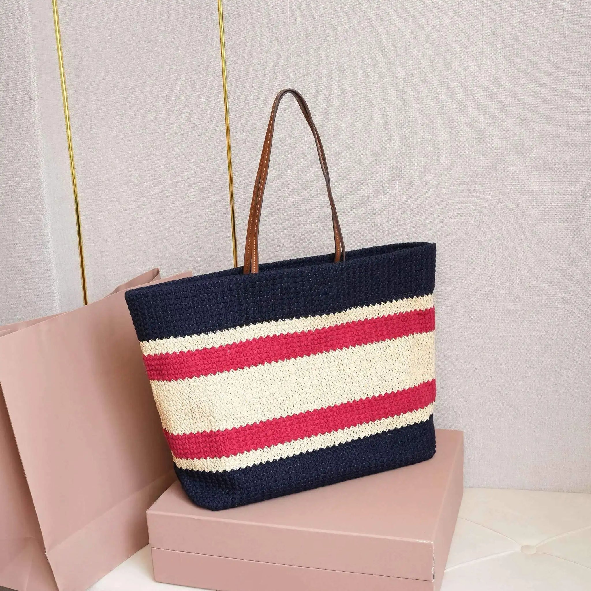 UOSU Woven Straw Tote — Large Contrast Stripe Beach Bag