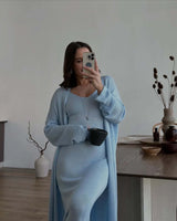 Hirsionsan Soft Loose Sets Women Two Pieces Long Sleeve Cardigan & Vest Dresses Elegant Female Hollow Outfits Cotton Tracksuit
