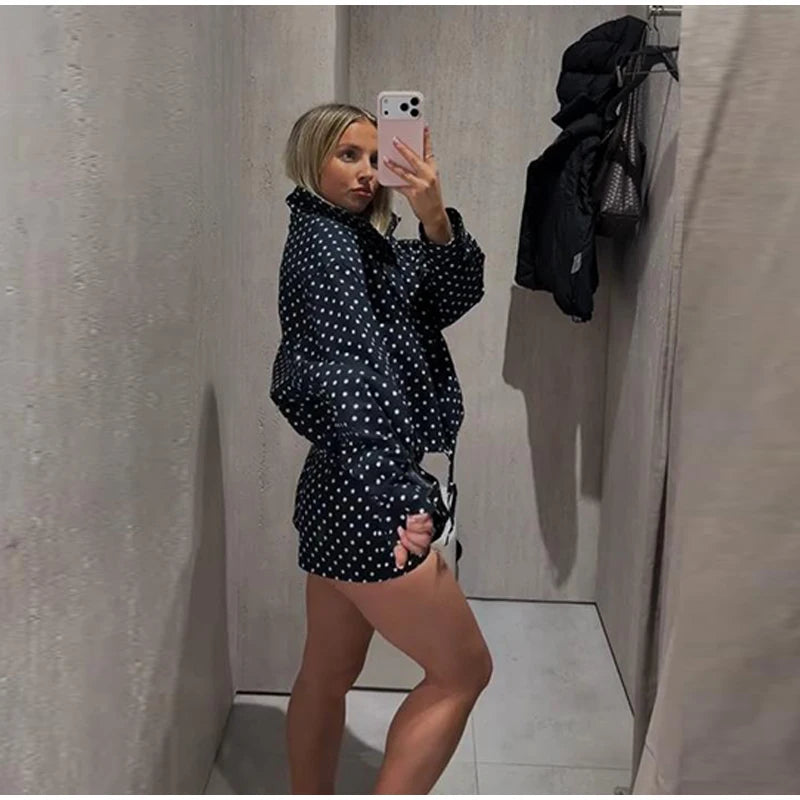 Fashion Navy Polka Dot Shorts Set For Women Casual Stand Collar Zipper Jacket & High Waist Shorts Lady 2026 Spring Chic Outfits