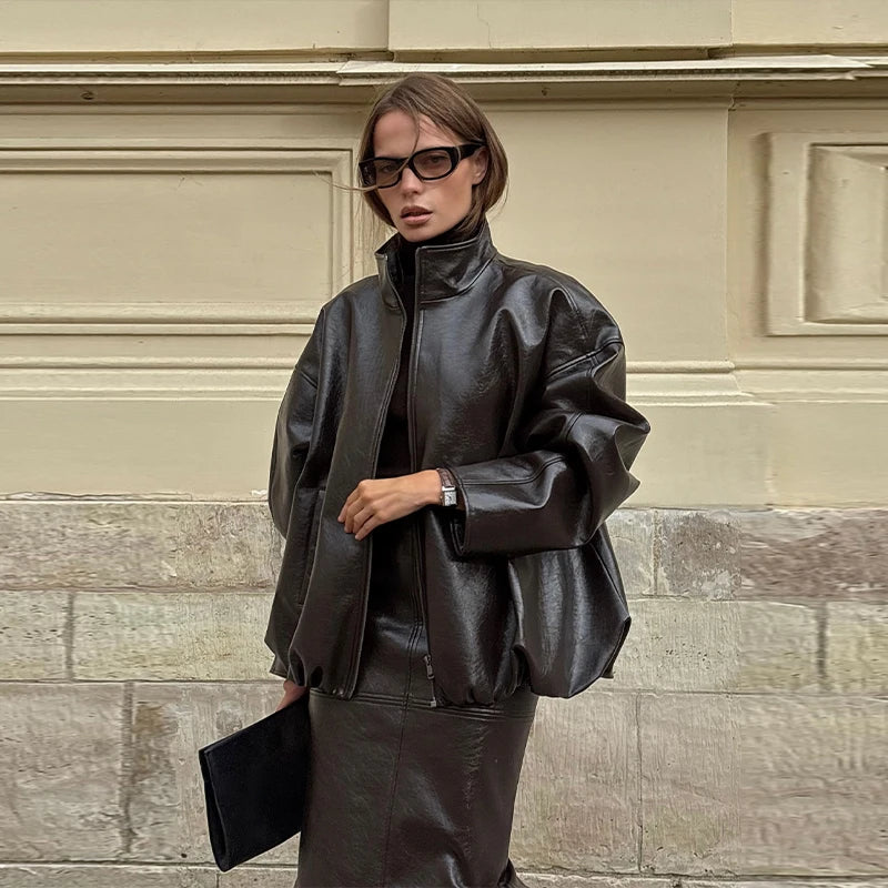 Pu Leather Jacket Skirt Sets Stand Collar Loose Coat Low Waist Solid Long Skirt Autumn Coats Skirt Sets 2025 New Lady Outfits