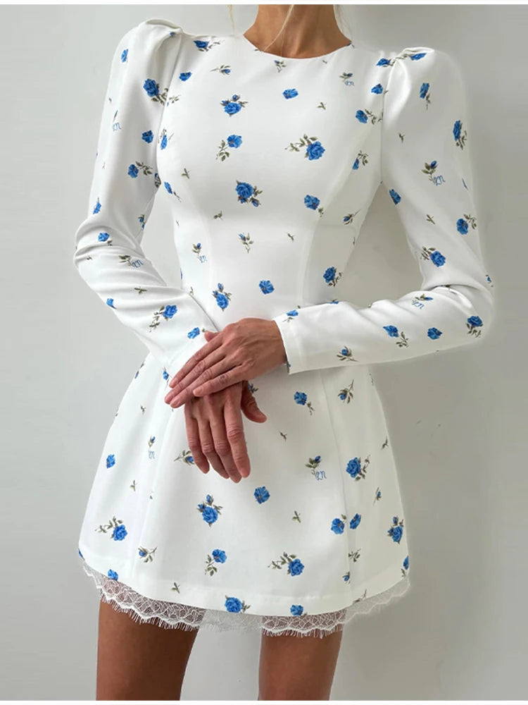 Chic Feminine Dress Floral Print Glamorous Vintage Lace Women Dresses Soft Elegant Stylish Sweet Date Casual Outfits