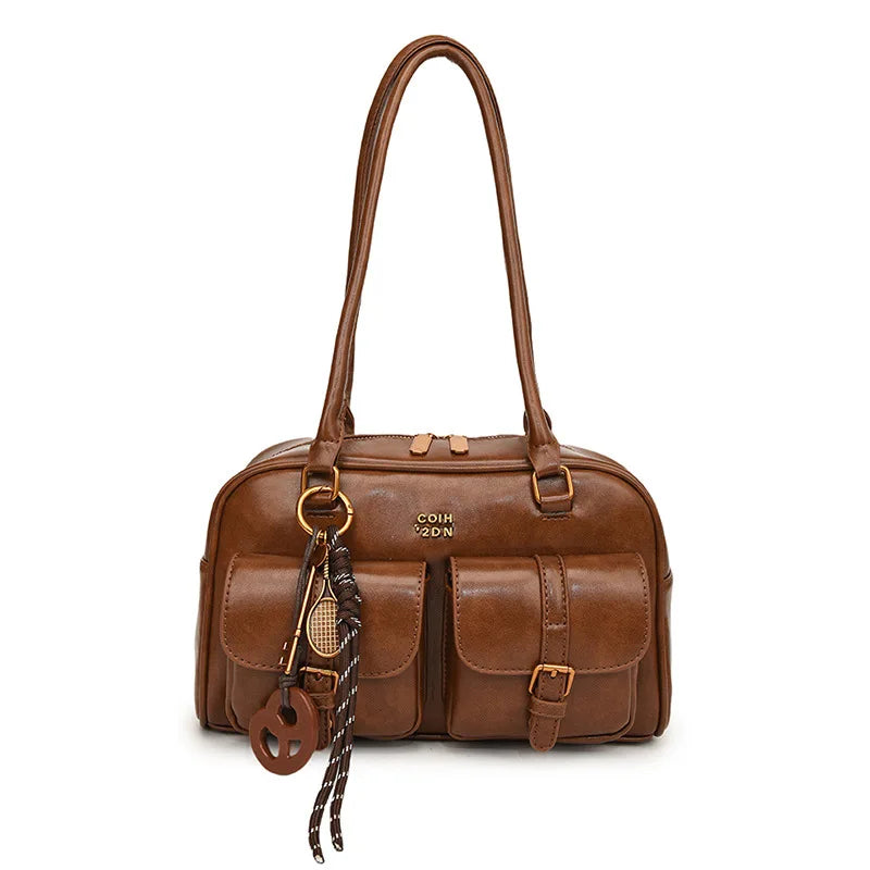 Women’s Coffee Brown Multi-Pocket Shoulder Bag | Vintage PU Leather Crossbody