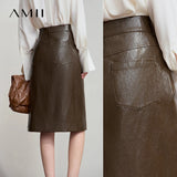 AMII Minimalist PU Leather Skirt for Women