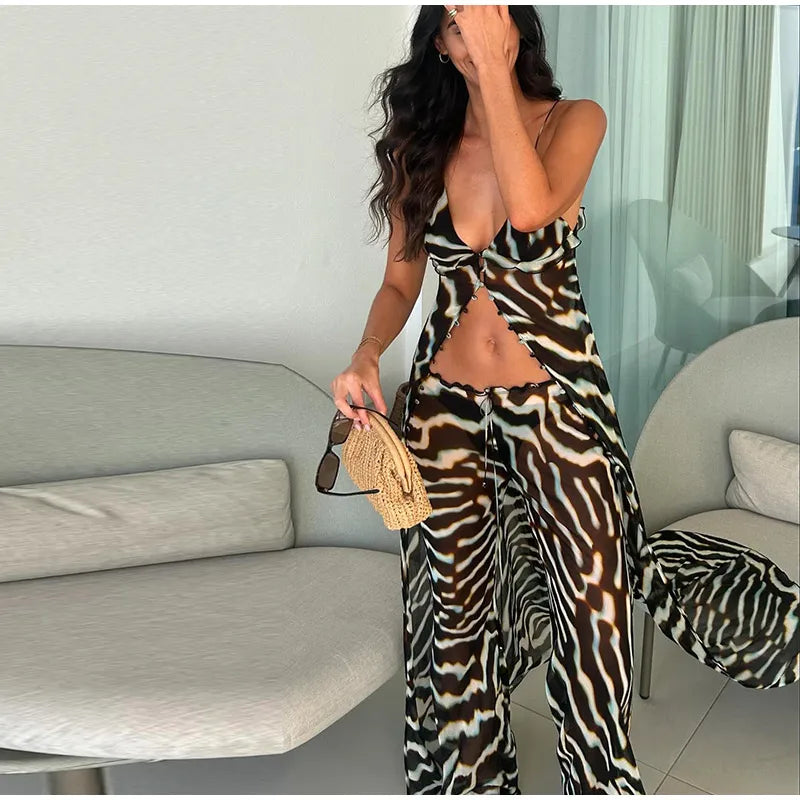 Women's Zebra Print Chiffon 2-Piece Set | Tank & Wide Leg Pants