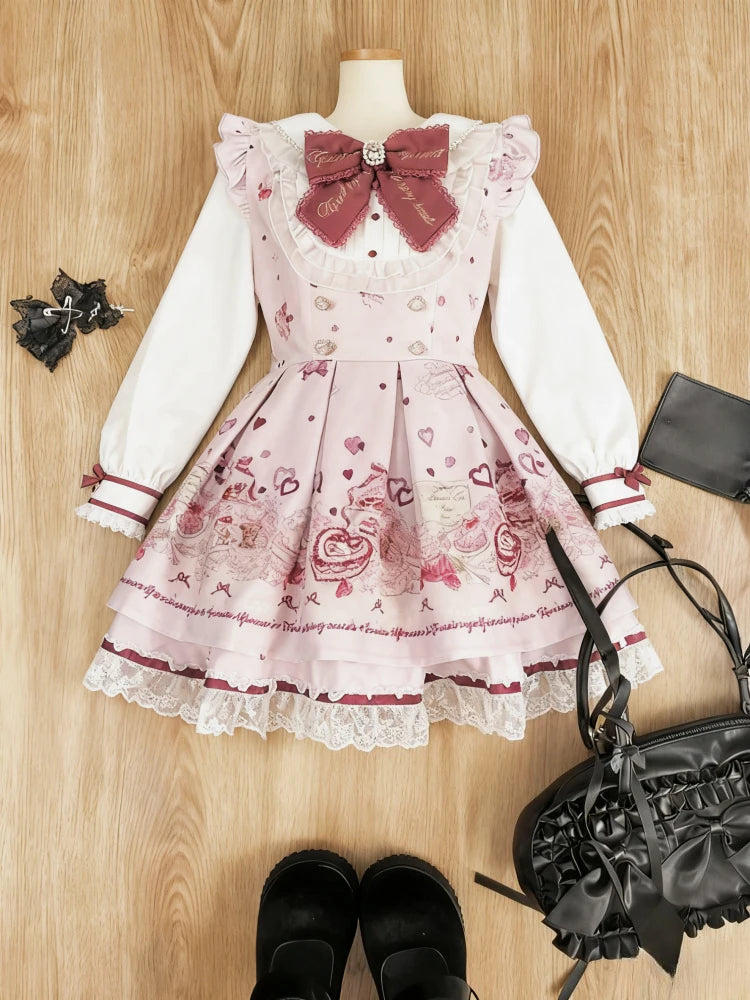 Y2k Japanese Kawaii Two-Piece Sets Long Sleeve Top + Short Skirt Sweet Women Casual Cute Print Bow Patchwork 2025 New Arrival