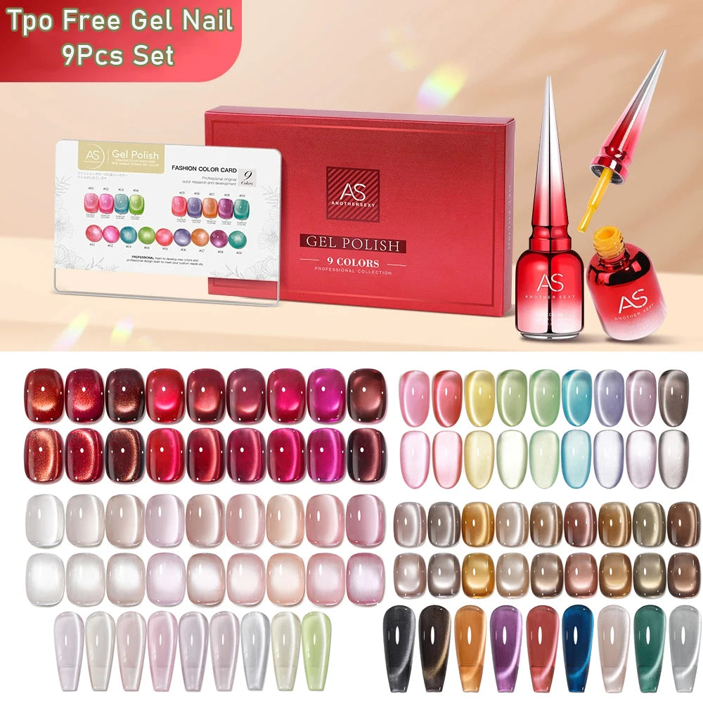 AS 9 Colors Magnetic Cat Eye Gel Nail Polish Set Jelly Pink UV LED Soak Off Gel Varnish Crystal Red Cat Gel Lacquer With Display