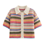 Women Patchwork Striped Hollow Out Crochet Knitted Crop Sweater Shorts Set Short Sleeve Polo Collar Sweater Knit Shorts Suit Y2K