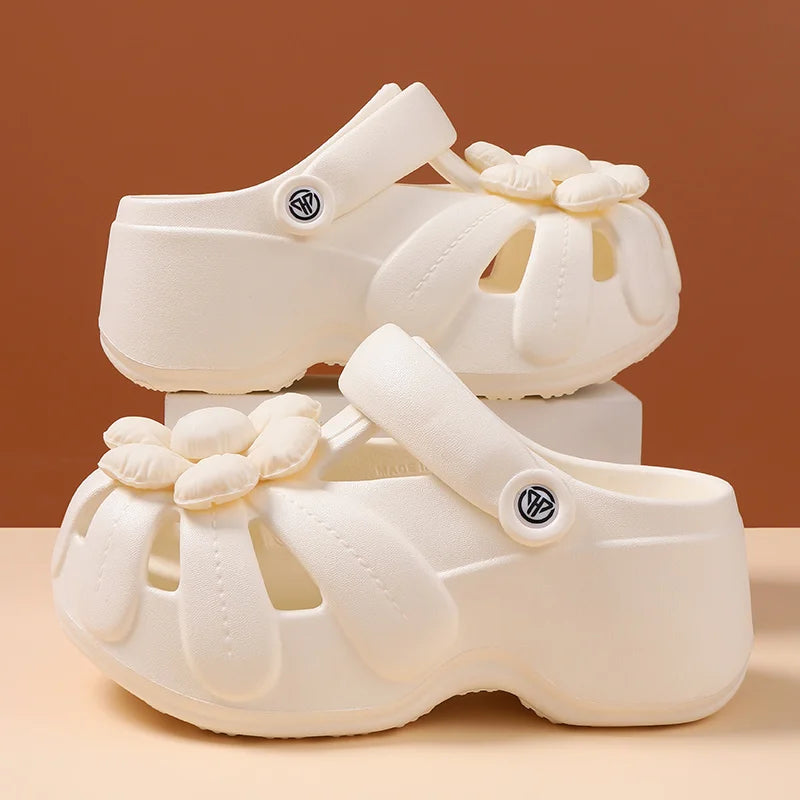 Women's Platform Clog Sandals with Flower Decor — EVA Wedge Beach Shoes