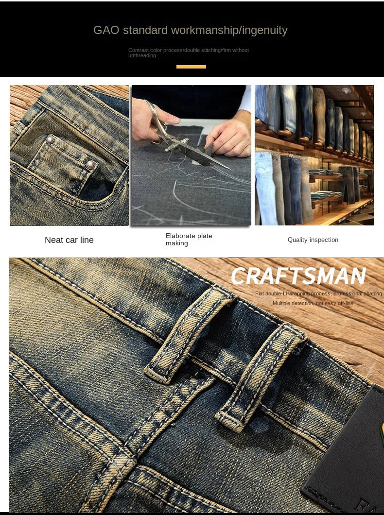 2026 European Trendy Brand Yellow Mud Jeans Men's Retro Old Slim Fit Fashion Long Pants Autumn and Winter Thick Pants