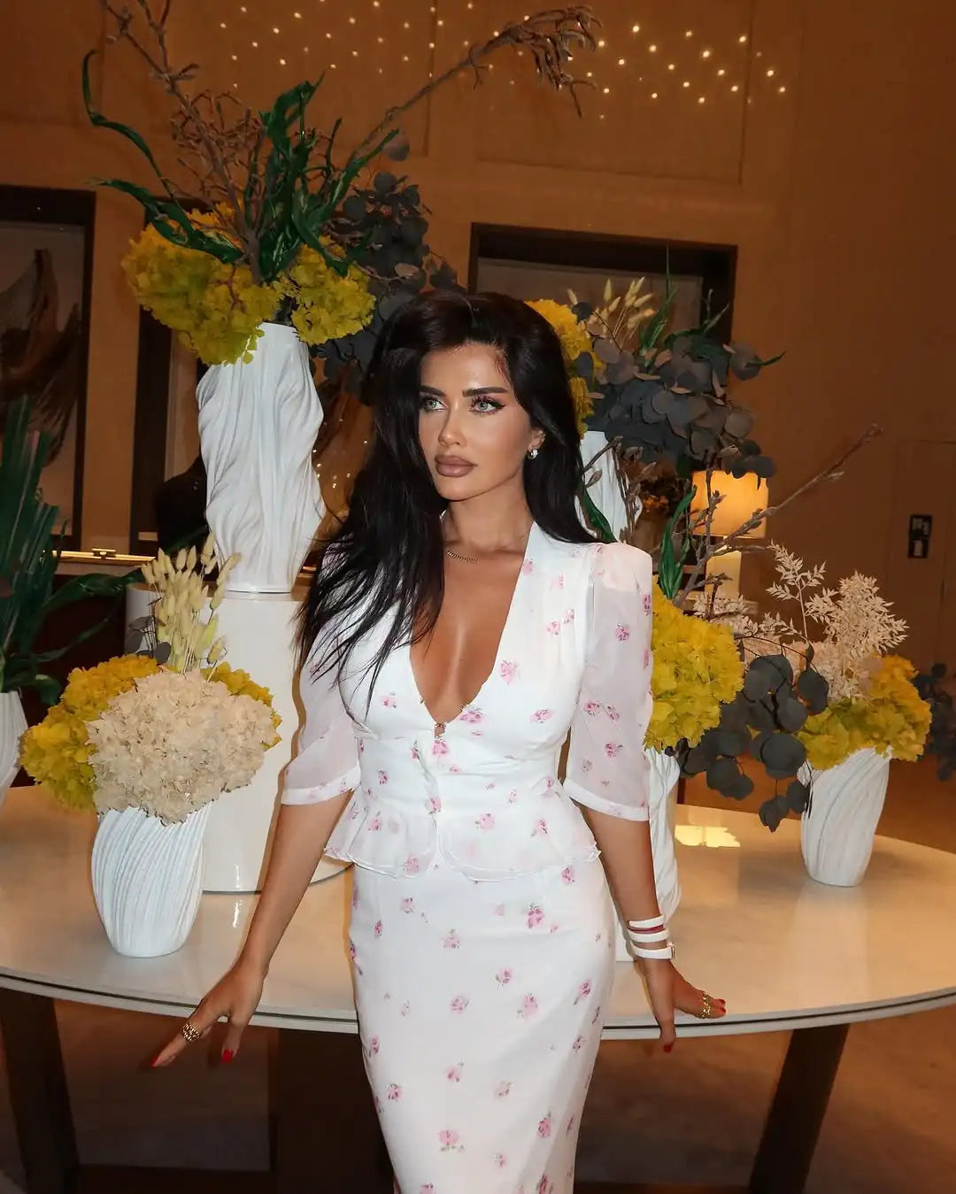Women White Pink Floral Print Fishtail Skirt Set Chic V Neck Puff Sleeve Ruffle Button Crop Top Suit Elegant Lady Wedding Outfit
