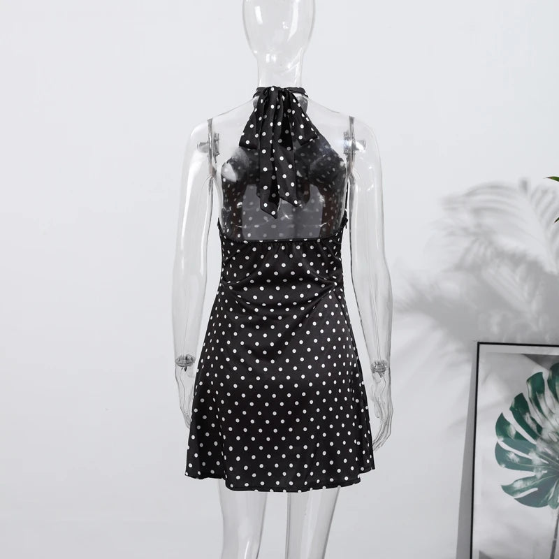 Fashion Polka Dot Mini Dress For Women Elegant Bow Tie Neck Short Sleeve Waist Slim Dress Lady 2026 Spring Summer Chic Vestidos