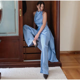 Elegant Women's Satin Halter Spliced Long Top Pants Set Sleeveless Backless Swing Collar Top Straight Leg Pant 2026 Fashion Suit