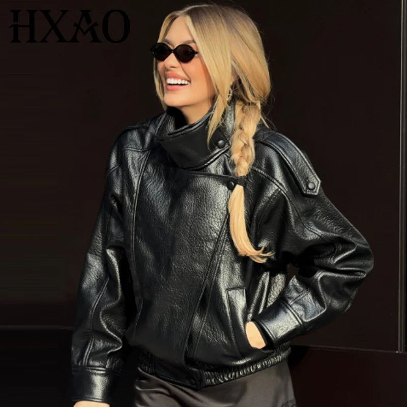 HXAO New Arrival Women's Bomber Jacket Leather Black Jackets Cropped Oversize Outerwears Zip-Up Long Sleeve Coats Outdoor Jacket