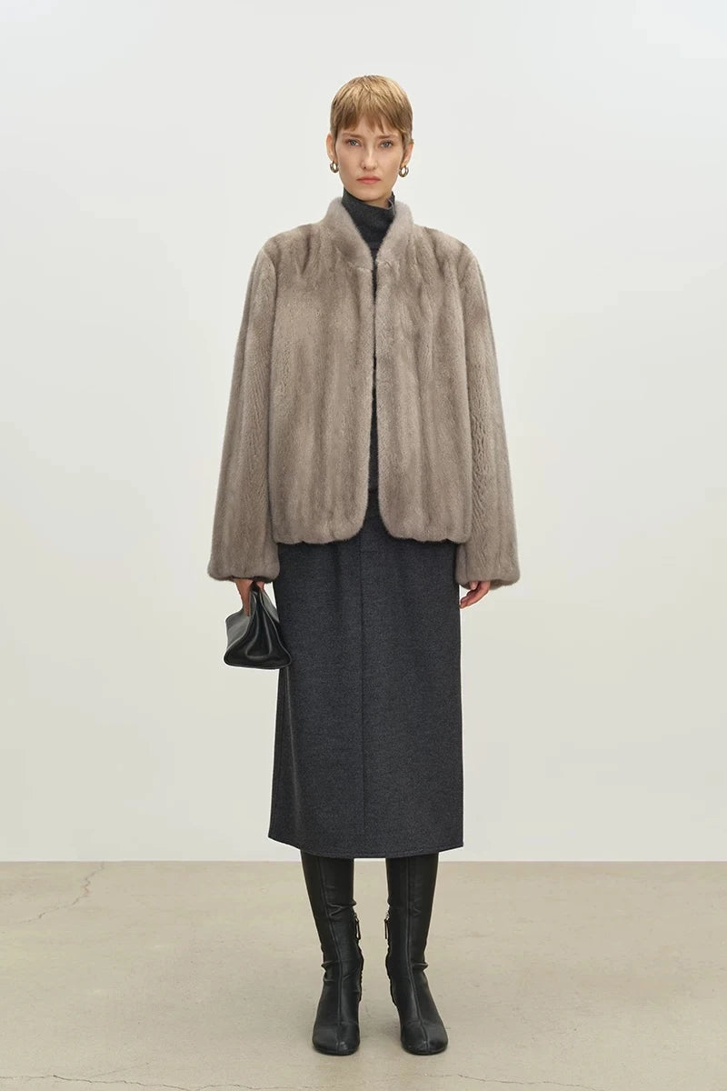Women's Short Faux Fur Coat with Stand Collar