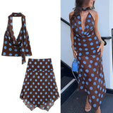 Polka Dot Printed Midi Skirts Two Piece Sets for Women 2026 Summer Chic Scarf Halter Top Suits Beach Woman 2 Piece Outfits