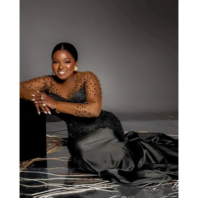Black Lace Women Evening Dress High Neck Long Sleeved Formal Occasion Gown Luxury Pearl Occasion Party Gown Customized
