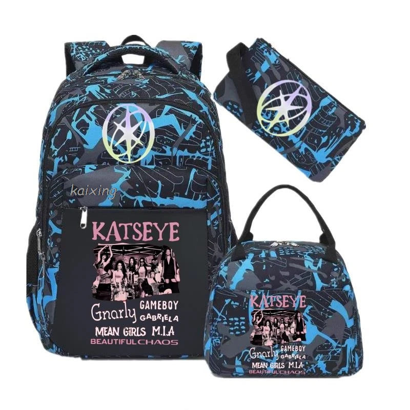 Hot Katseye Funny Print Backpacks WIth Lunch Bags Multi-pocket Camouflage Teens Travel Laptop Backpack Women School Bag Mochila