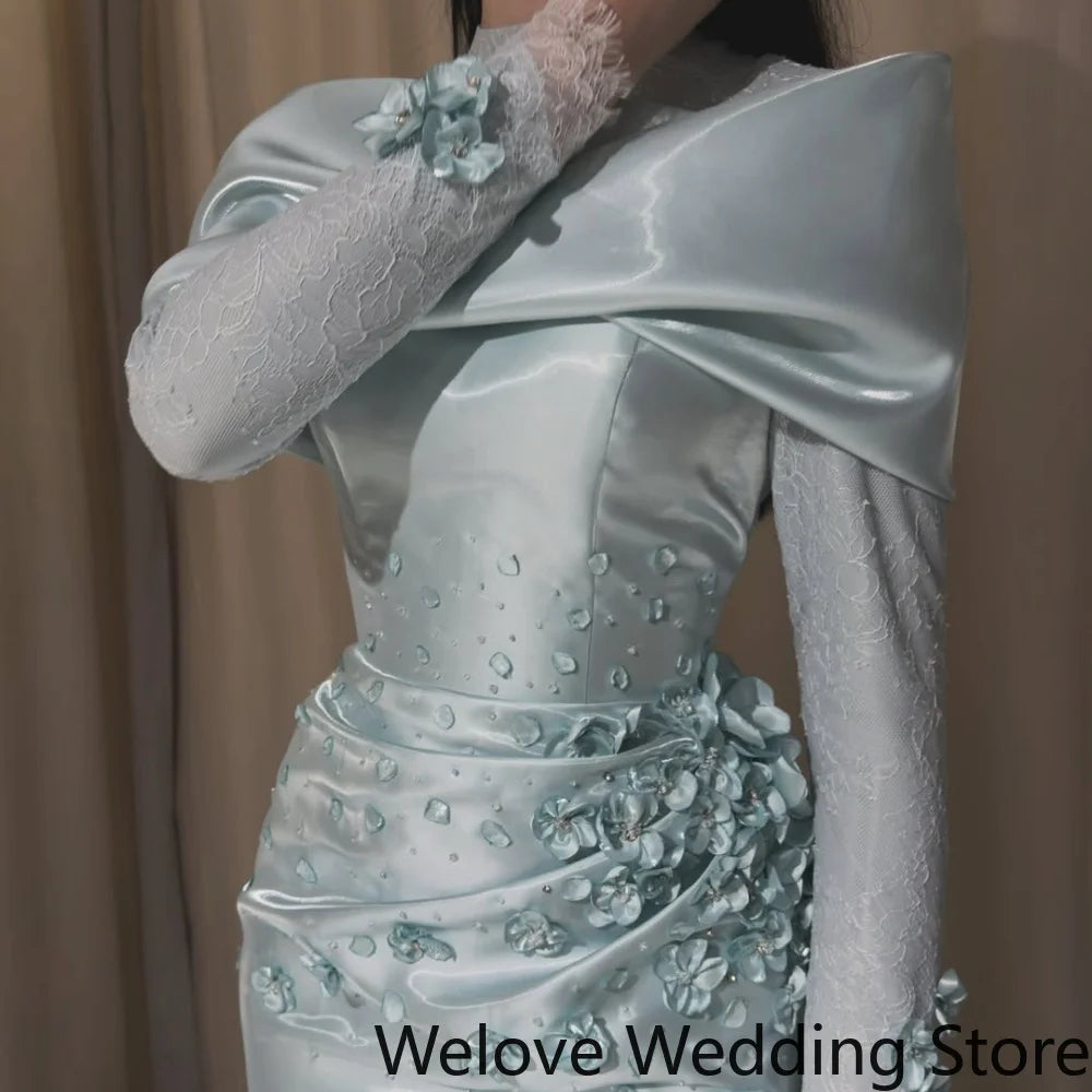 Light Blue Formal Evening Dress with Off‑Shoulder Draped Collar, High‑Neck Lace Long Sleeves, Hand‑Sewn 3D Floral Appliqués