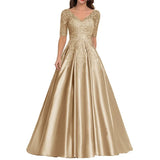 A Line Women Evening Dresses Satin Appliques V Neck Prom Party Gowns Formal Occasion robes de soirée