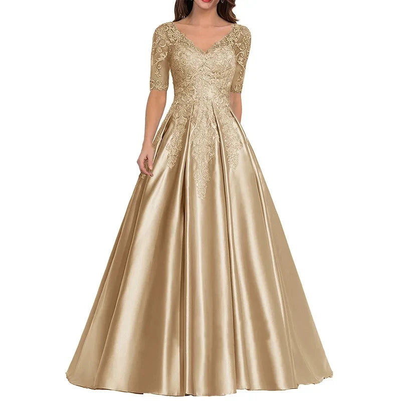 A Line Women Evening Dresses Satin Appliques V Neck Prom Party Gowns Formal Occasion robes de soirée